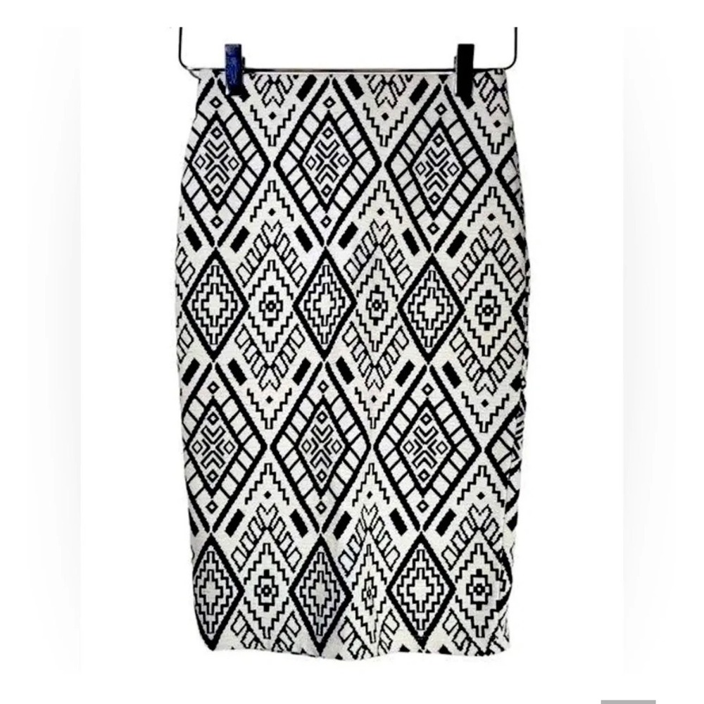 Zara Trafaluc Black Cream Geometric Jacquard Boho Chic Pencil Midi Skirt S